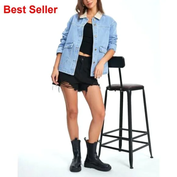 Oversized Denim Jacket Shacket with Pockets, Lightweight Spring Barn Coat